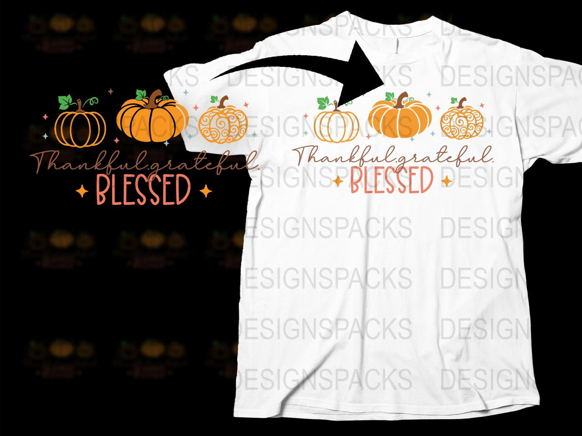 Thankful Grateful Blessed Pumpkin T-Shirt, Fall Season Tee, Autumn Thanksgiving Shirt, Holiday Fashion Top for Women and Men