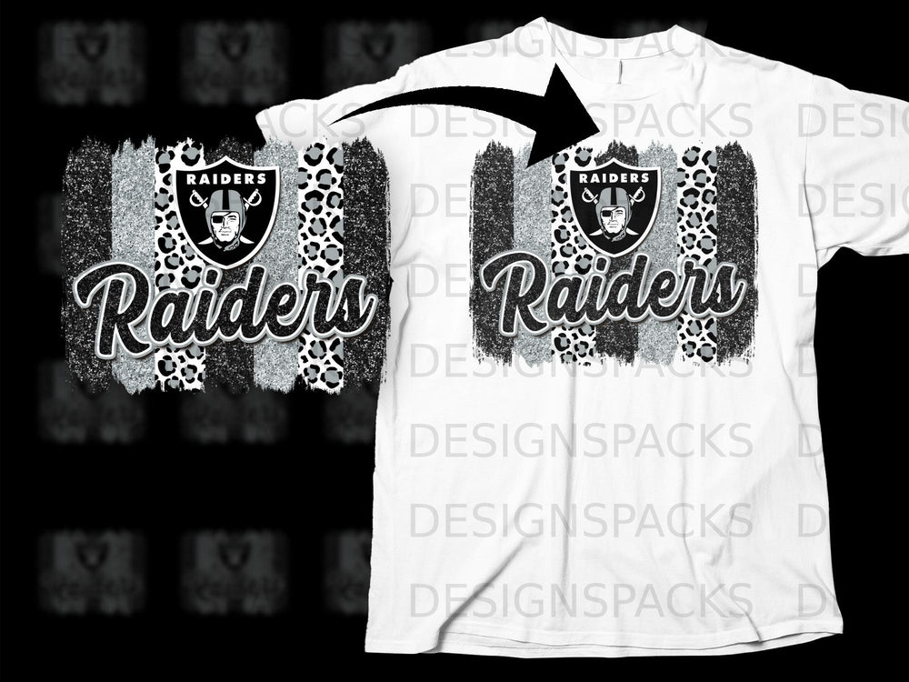 Raiders logo with leopard print and glitter graphic on a white t-shirt mockup.