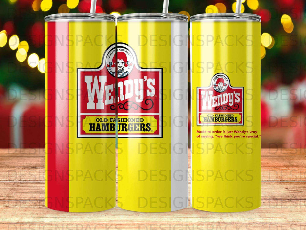 Wendy's Old Fashioned Hamburgers logo on three tumblers with yellow and red striped background.