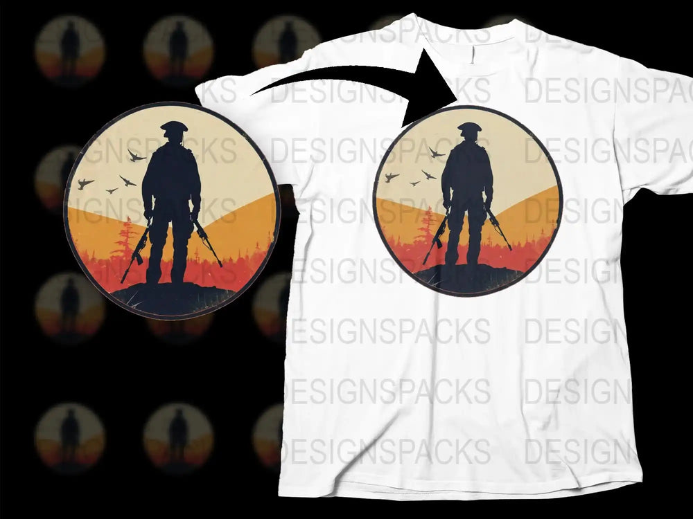 Hunter Silhouette Sunset Graphic T-Shirt, Outdoor Hunting Scene, Casual Apparel for Men and Women