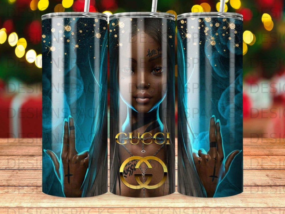 Woman with "Hate Ya" tattoo and Gucci logo on a tumbler.
