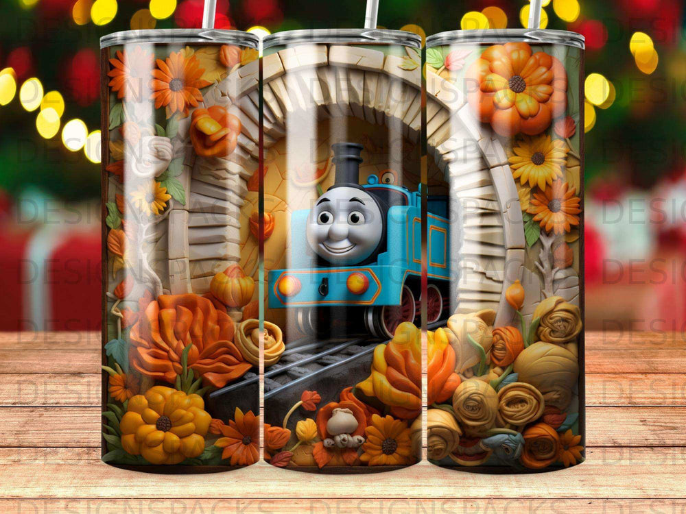 Thomas the Tank Engine rides through an autumnal scene with pumpkins and flowers.