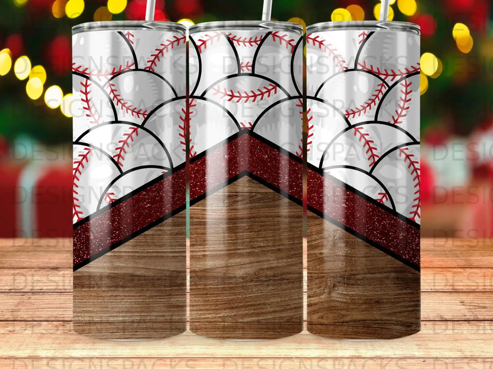 Tumbler with baseball pattern and wood grain design.