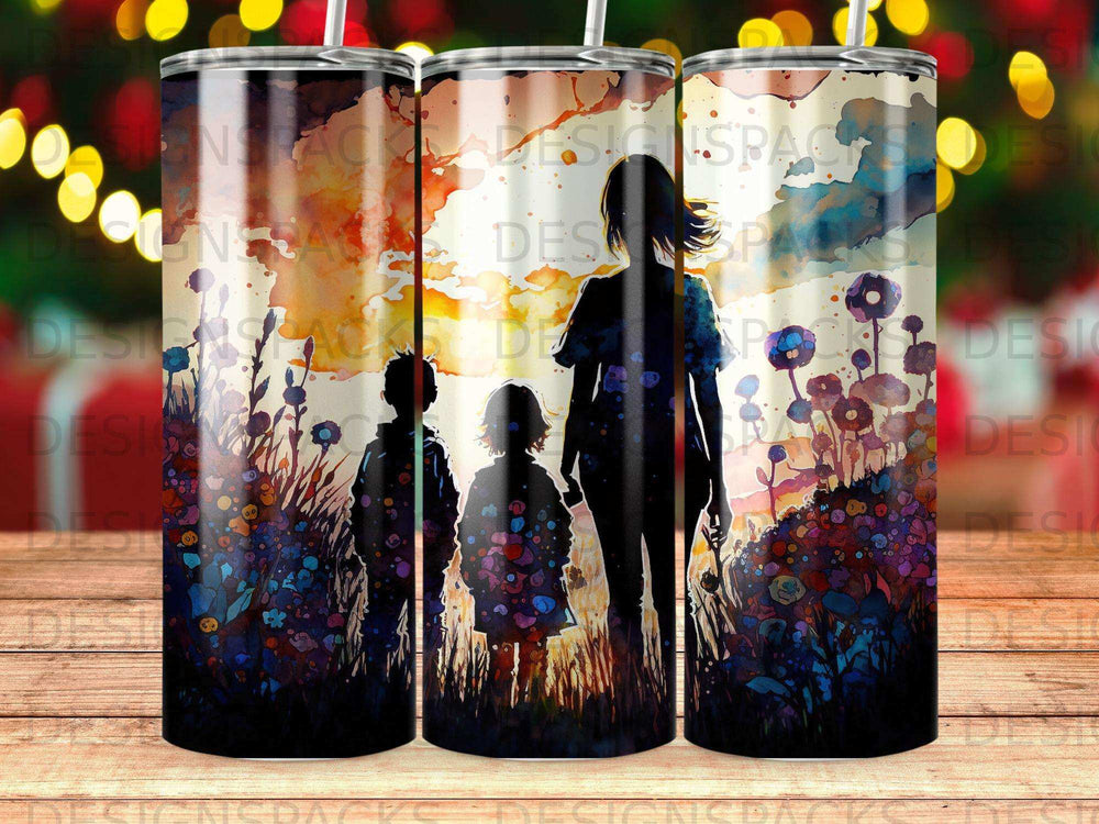 Silhouetted family with colorful floral landscape at sunset.
