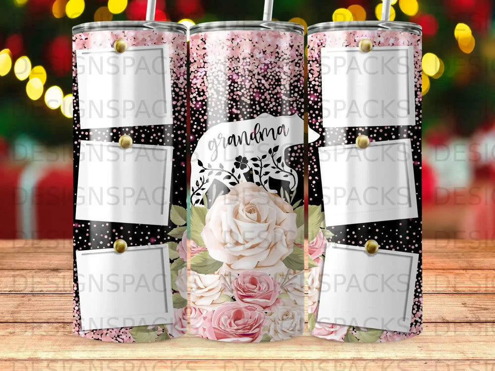 Floral tumbler with "grandma" text and polaroid frames.