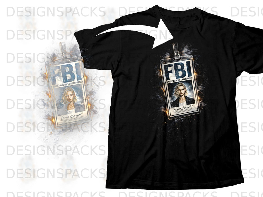 Black t-shirt with an FBI badge featuring a woman and "Grace Barnet."
