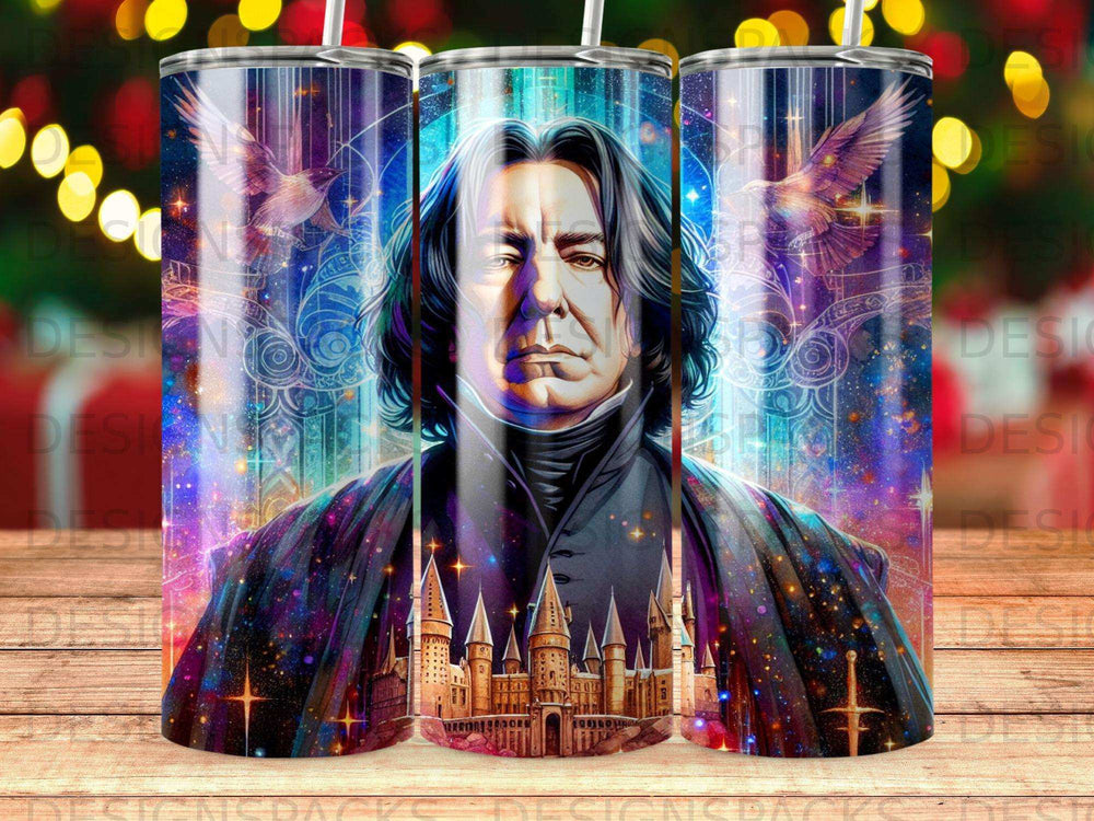 Severus Snape depicted with Hogwarts castle and starry celestial background.