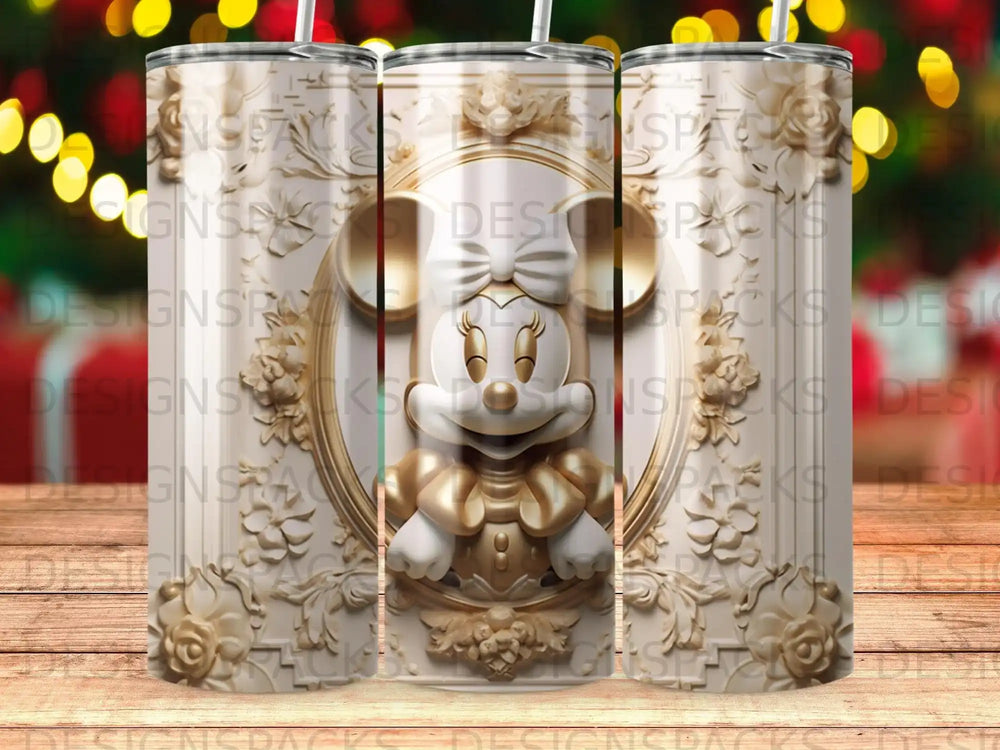 Minnie Mouse adorned with gold accents on a tumbler.