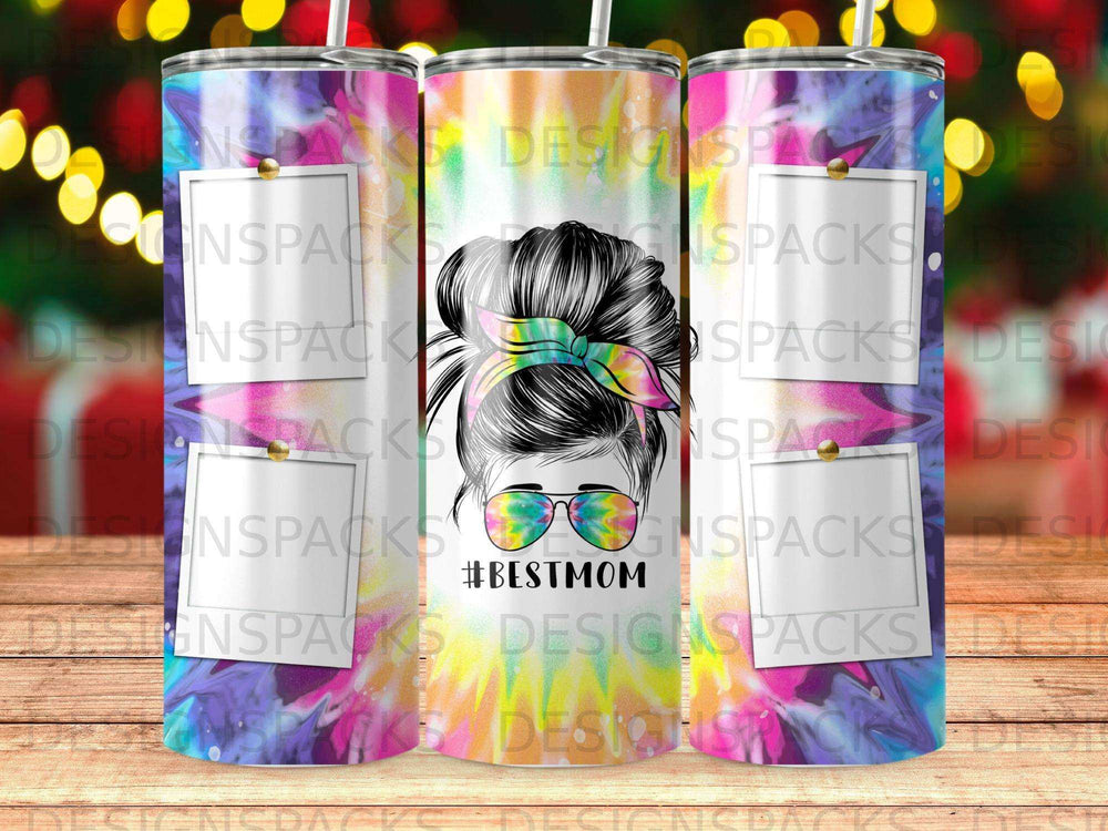 Tumbler with #BestMom text and messy bun graphic against colorful tie-dye background.