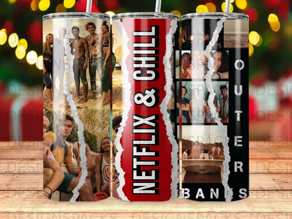 Tumbler with "Netflix & Chill" text and collage of outdoor scenes.
