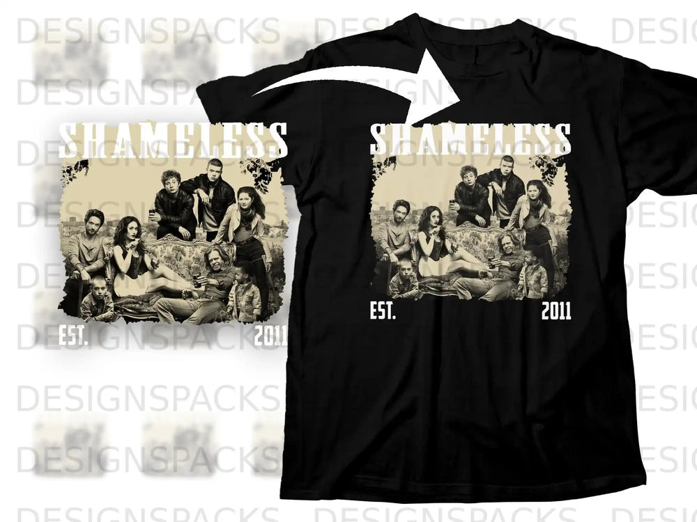 Shameless cast on sofa with EST. 2011 text on black t-shirt.