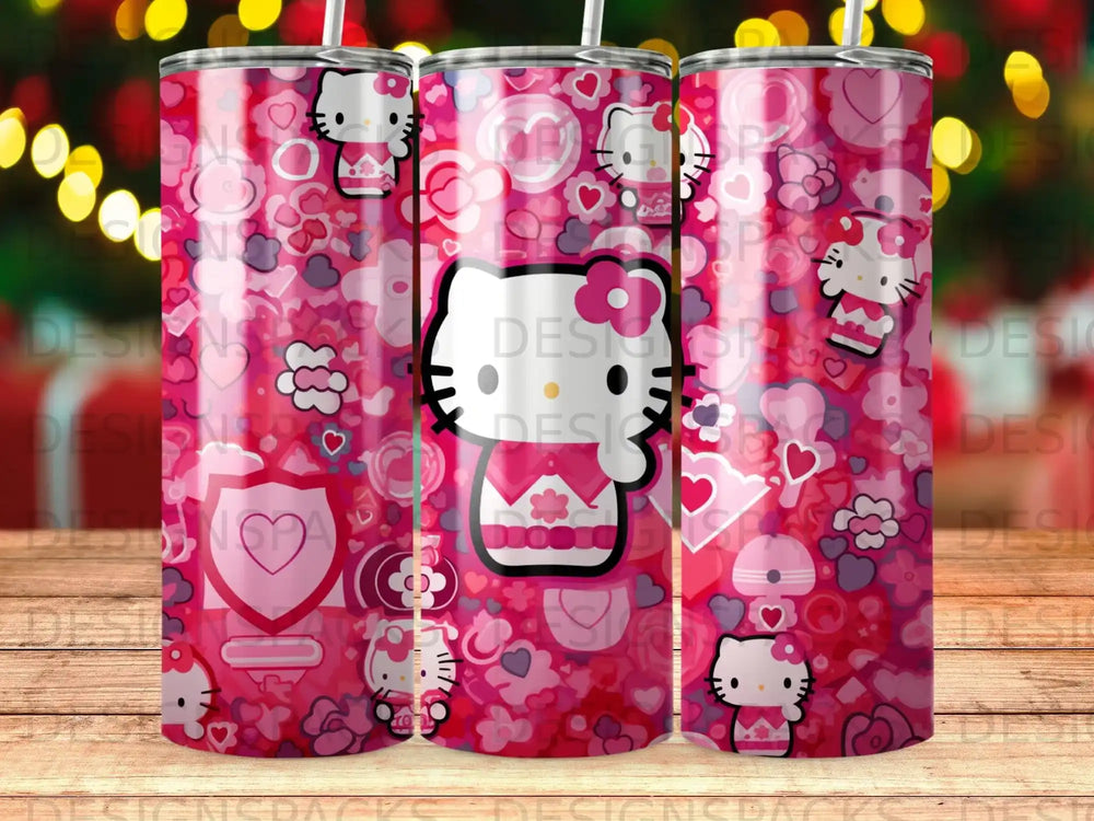 Hello Kitty design on pink tumbler with hearts and bows.