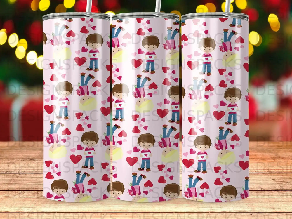 Pink tumbler with cartoon children and hearts pattern.