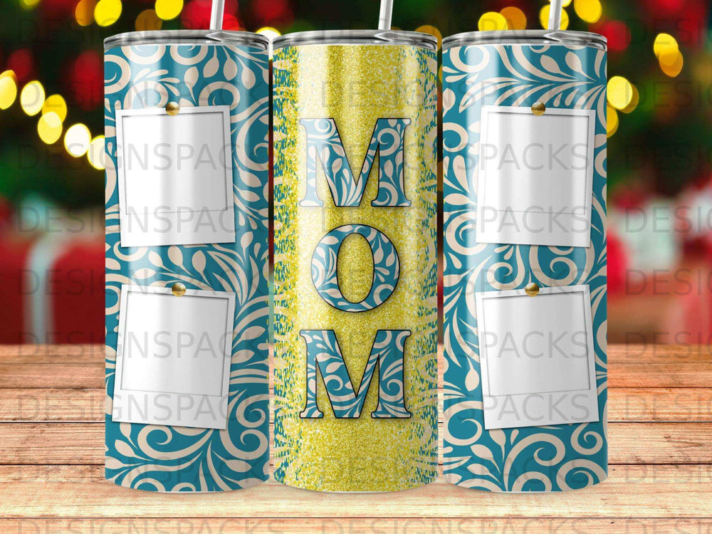 Glittering "MOM" text with floral blue and white pattern and photo frames.