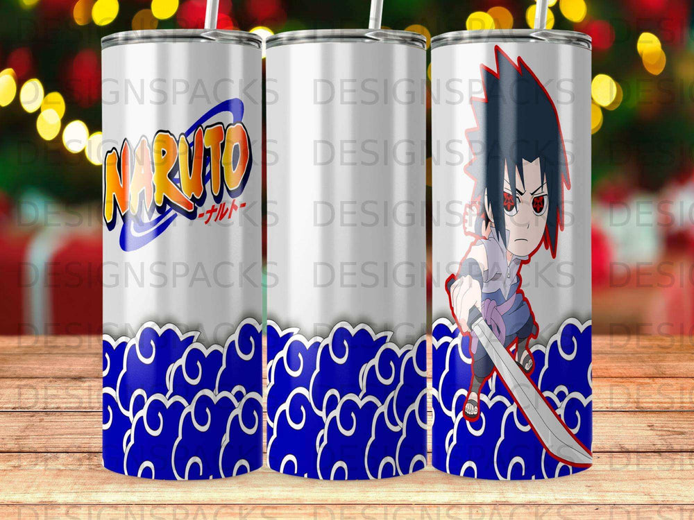 Naruto characters Naruto and Sasuke in blue cloud pattern tumbler.