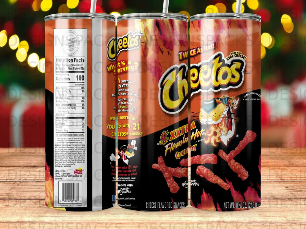 Cheetos XXTRA Flamin' Hot crunchy cheese flavored snacks in a can.