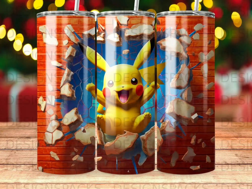Pikachu breaks through a brick wall with a blue background.
