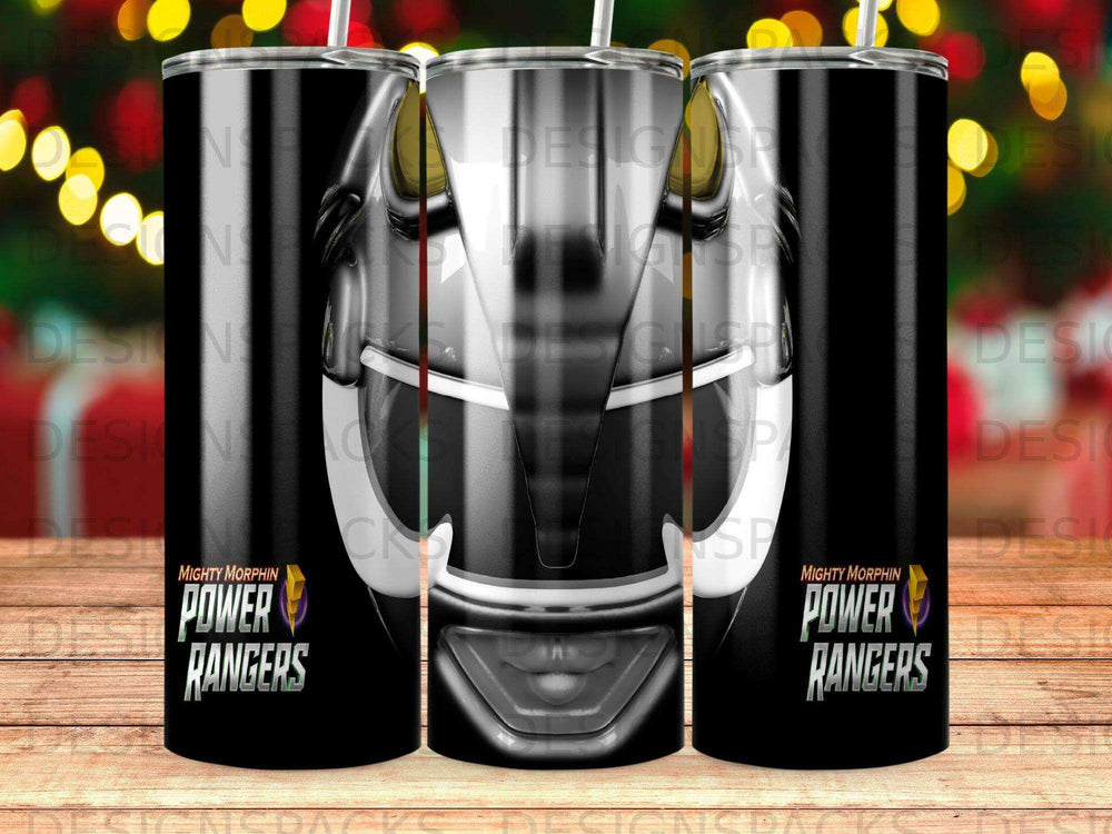 Two Mighty Morphin Power Rangers tumblers with metallic silver design.