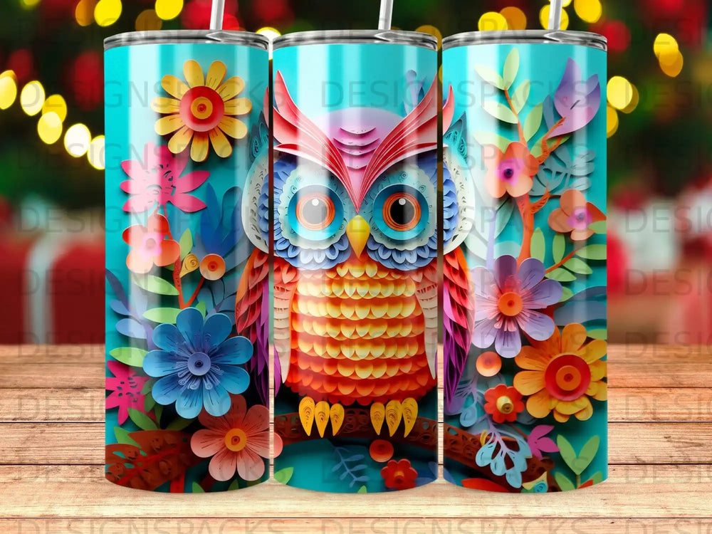 Colorful owl with floral designs on a teal striped background.