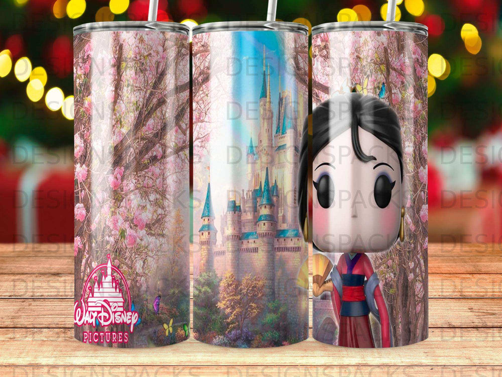Mulan and a castle surrounded by pink blossoms and birds.