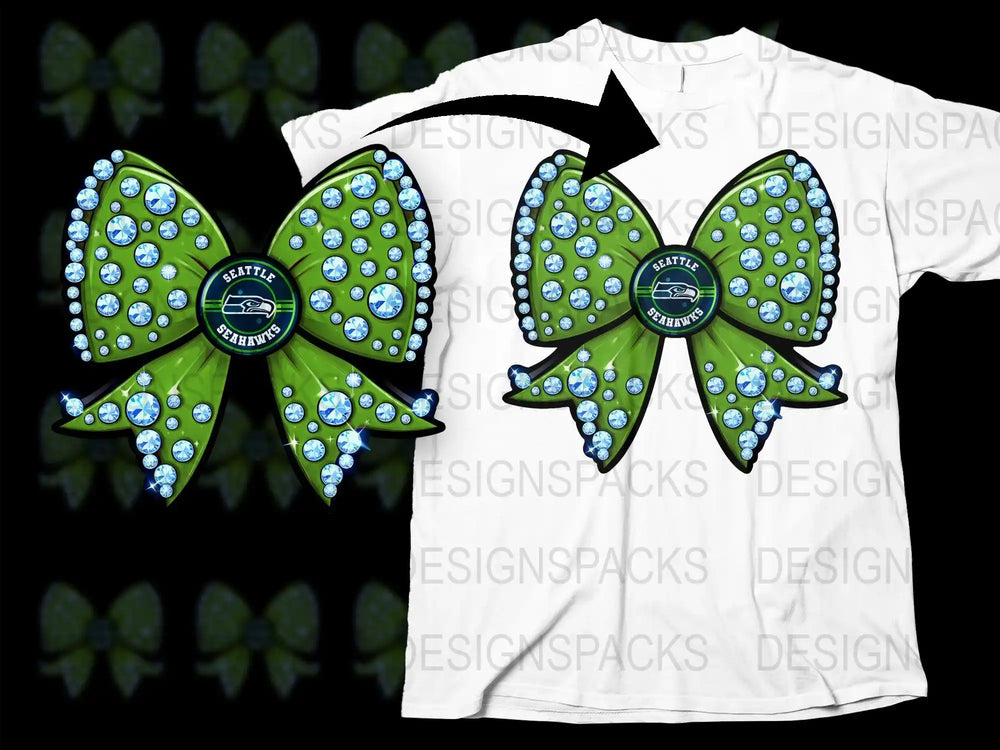 Seattle Seahawks Inspired Rhinestone Bow Design T-Shirt, Green and Blue, Sports Fan Apparel