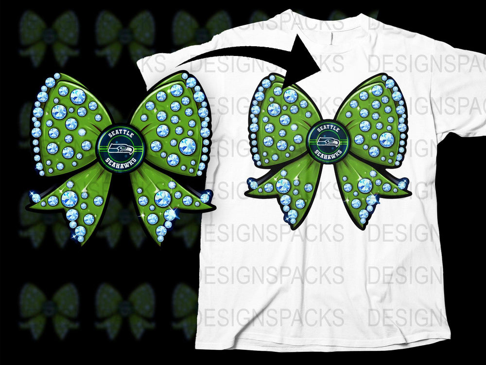 Seattle Seahawks Inspired Rhinestone Bow Design T-Shirt, Green and Blue, Sports Fan Apparel