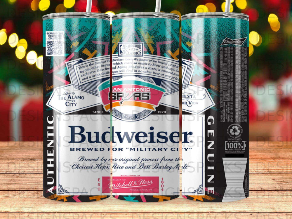 Budweiser and San Antonio Spurs tumbler with Hardwood Classics branding.