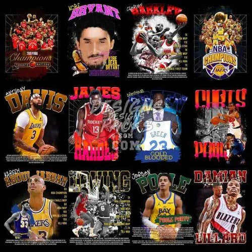 Basketball player designs for DTF/DTG, embroidery, and tumbler wraps featuring NBA stars and champions