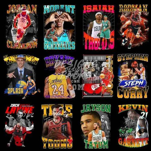 Basketball player designs for DTF/DTG, embroidery, and tumbler wraps with vibrant graphics and team logos.