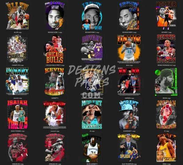 Basketball-themed DTF/DTG designs featuring iconic players and team logos for print-ready use.
