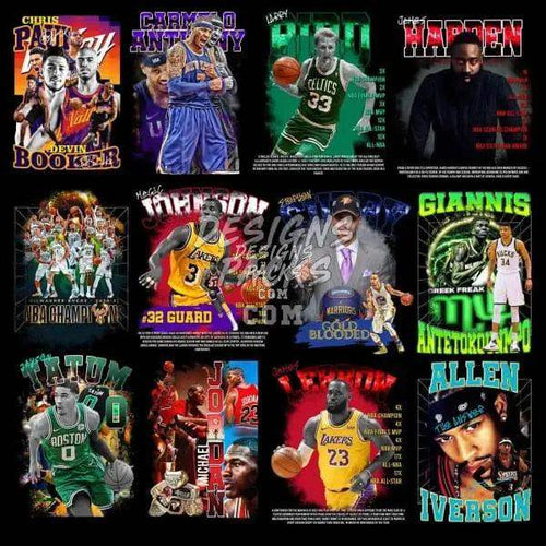 Basketball player designs for DTF/DTG, embroidery, and tumbler wraps featuring stars like LeBron and Giannis.