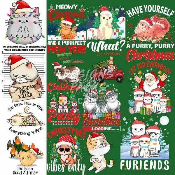 Festive cat designs for Christmas, perfect for DTF/DTG and embroidery projects with holiday themes.