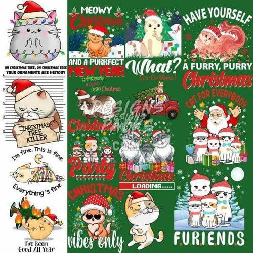 Festive cat designs for Christmas, perfect for DTF/DTG and embroidery projects with holiday themes.