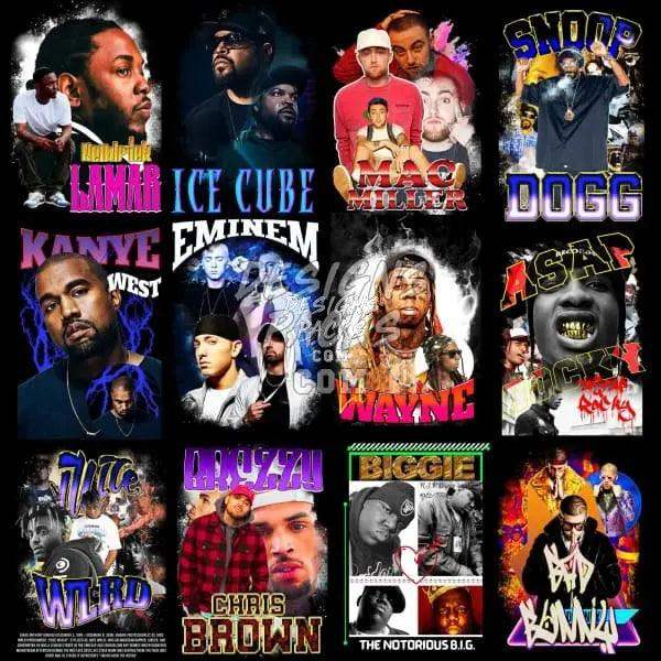 Hip hop artist designs for DTF DTG printing, featuring Lamar, Ice Cube, Kanye, Eminem, Mac Miller, Snoop Dogg, and more