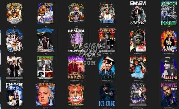 Print-ready DTF/DTG designs featuring iconic artists like Eminem, Ice Cube, and Future for t-shirts and merch.