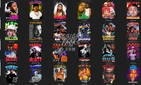 Print-ready PNG designs featuring iconic hip-hop artists for DTF/DTG and embroidery projects.