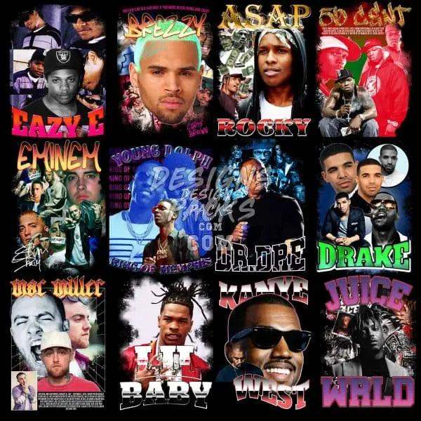 Rap artist collage with print-ready designs for DTF, DTG, and embroidery projects