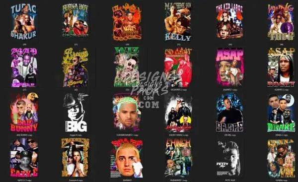 Rap & hip hop t-shirt designs bundle for DTF DTG printing, featuring iconic artists and print-ready PNG SVG files
