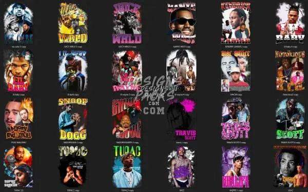 Print-ready DTF/DTG designs featuring hip-hop artists, vibrant graphics, PNG/SVG files for instant download