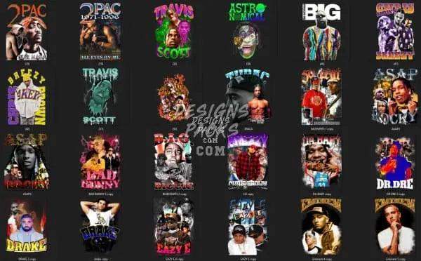 Rap artist t-shirt designs bundle with 2Pac, Biggie, Travis Scott, ASAP Rocky, Dr. Dre, Eazy-E, and more