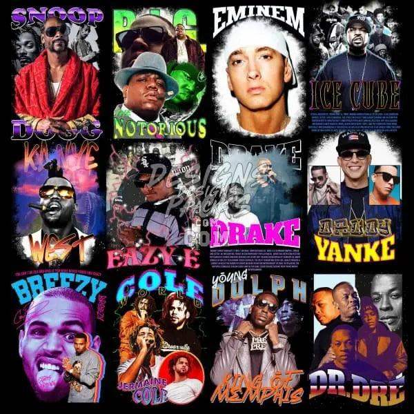 Rap music artist collage with Snoop, Eminem, Ice Cube, Drake, and more for DTF/DTG print designs