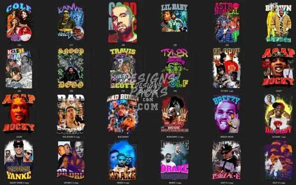 Print-ready DTF/DTG designs featuring hip-hop artists, vibrant graphics, PNG/SVG files for t-shirts and merch