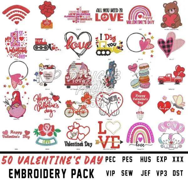 50 Valentine's Day embroidery designs in PES, DST, EXP formats for instant download