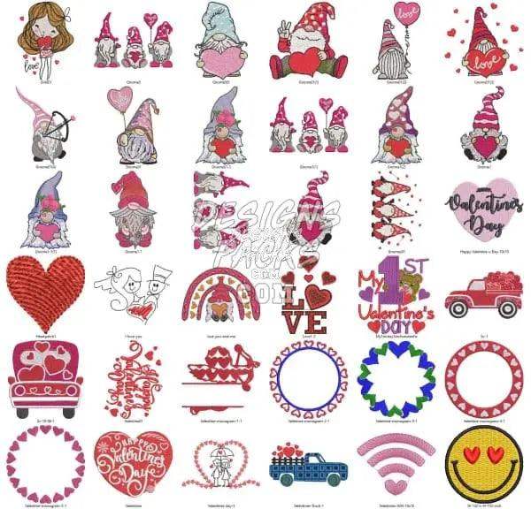 Valentine's Day gnome embroidery designs, hearts, trucks, and love-themed SVG/PNG bundles for DTG/DTF printing
