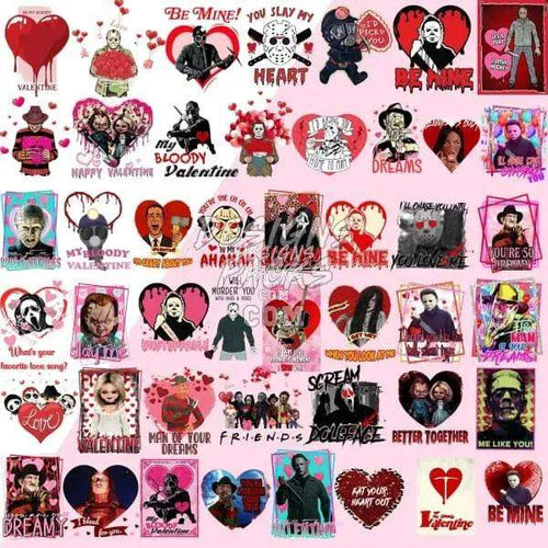 Horror Valentine’s Day designs bundle with bloody hearts, slashers, and spooky romance for DTF, DTG, embroidery