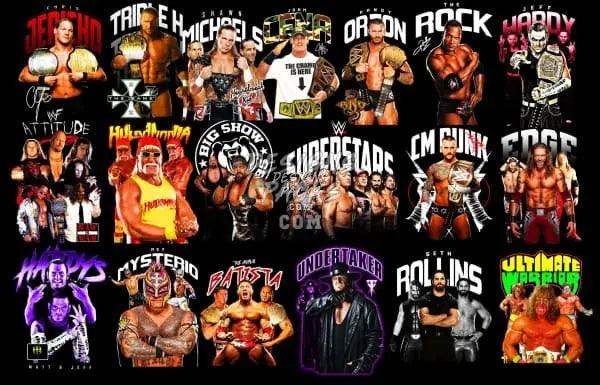 WWE wrestling superstars collage with iconic characters and logos for print-ready designs