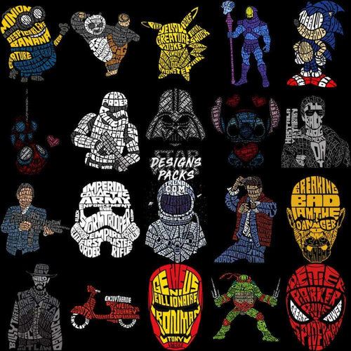 50 Caligrama Popculture Mix Designs Bundle Png + Ai