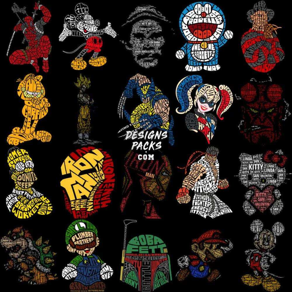 50 Caligrama Popculture Mix Designs Bundle Png + Ai