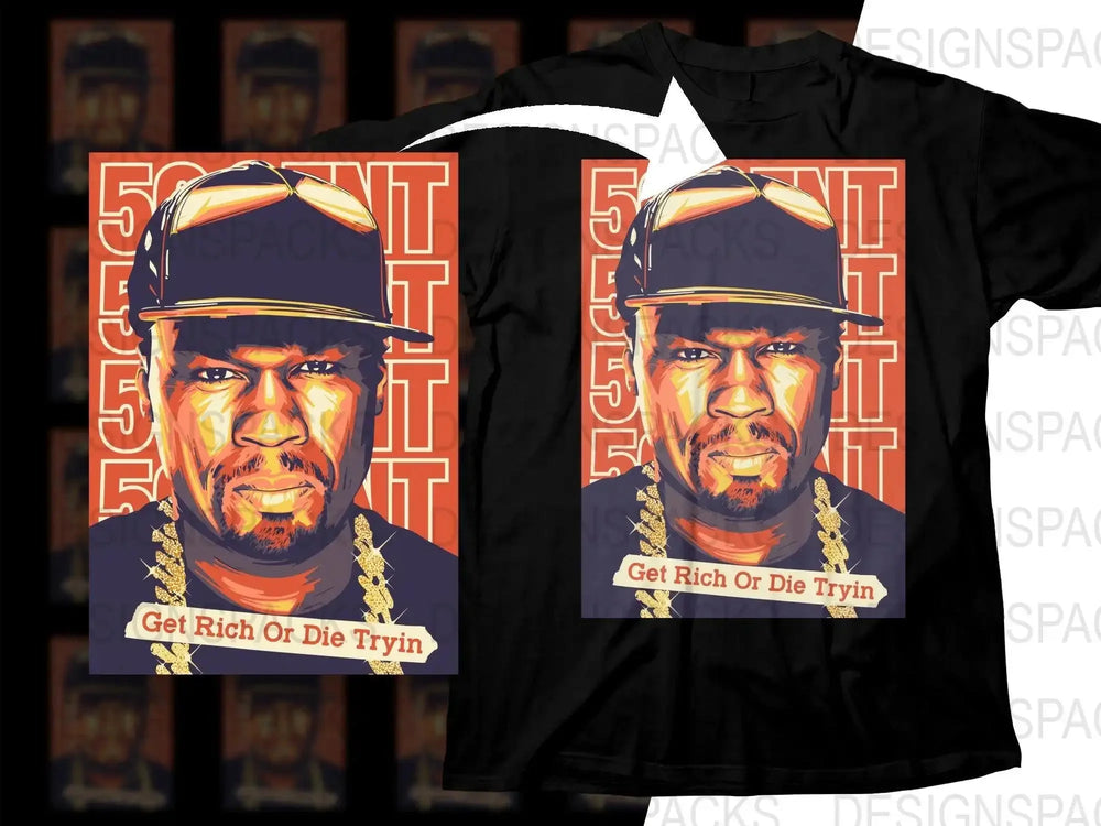 50 Cent 'Get Rich Or Die Tryin' t-shirt design with bold graphic and gold chains