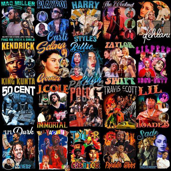 Print-ready celebrity collage designs for DTF/DTG, embroidery, and tumbler wraps, featuring vibrant pop culture art.